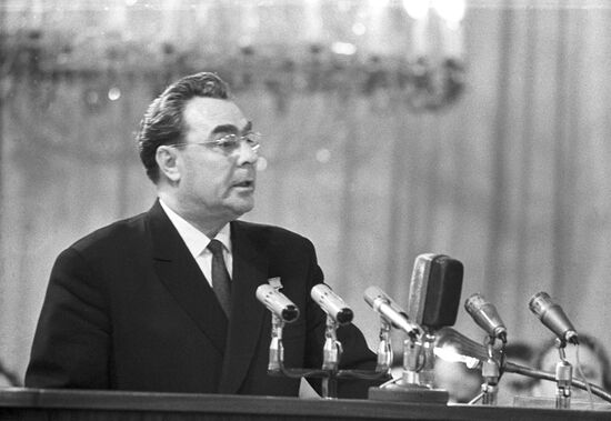Leonid Brezhnev speaking at a meeting