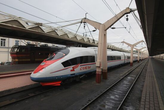 Newest high-speed train Sapsan at Leningradsky rail terminal