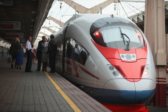 Newest high-speed train Sapsan at Leningradsky rail terminal