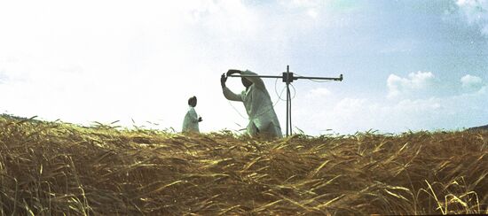 Scientists installing meteorological devices in a field