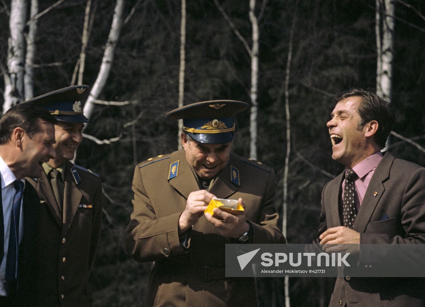 Crew members of spaceship Soyuz T-8 on a walk