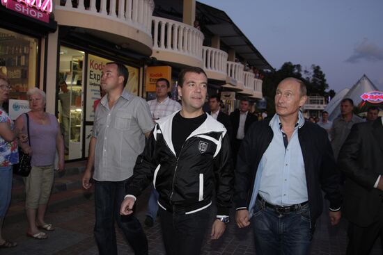 Dmitry Medvedev and Vladimir Putin visiting Sochi