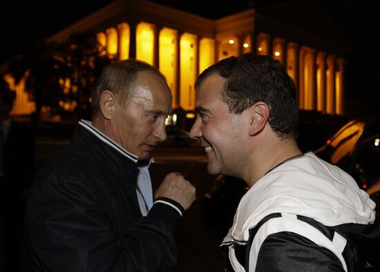 Dmitry Medvedev and Vladimir Putin visiting Sochi