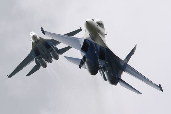 Russian Falcons aerobatics team on Mikoyan MiG-29 jets