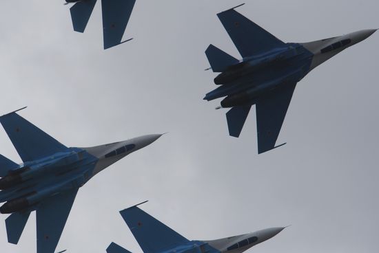Russian Falcons aerobatics team on Sukhoi Su-27 jets