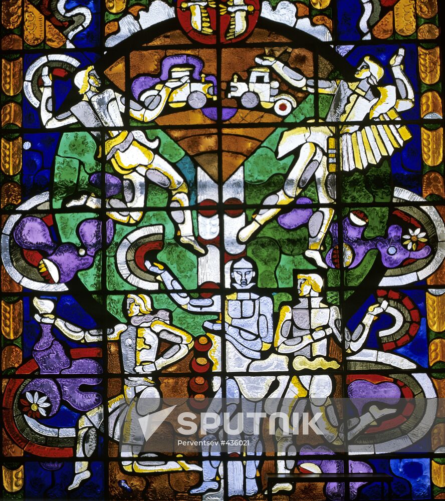 Stained-glass window dedicated to "Virgin Land" theme