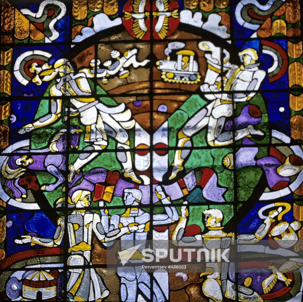 Stained-glass window dedicated to "Virgin Land" theme