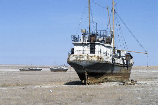 Ships on sand berms near the Aral Sea