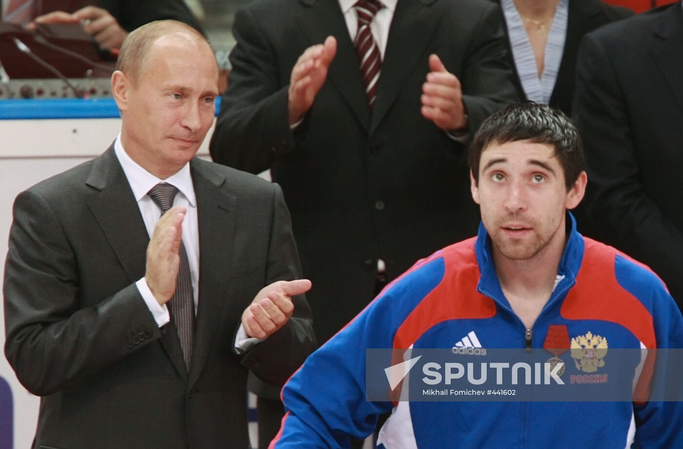 Vladimir Putin at Russian hockey players' training session