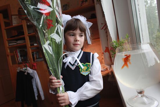 First grader getting ready for school