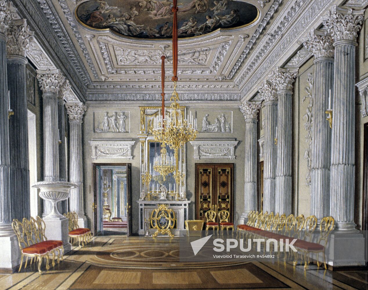 "The Marble Dining Room of Pavel I" watercolor by Eduard Gau