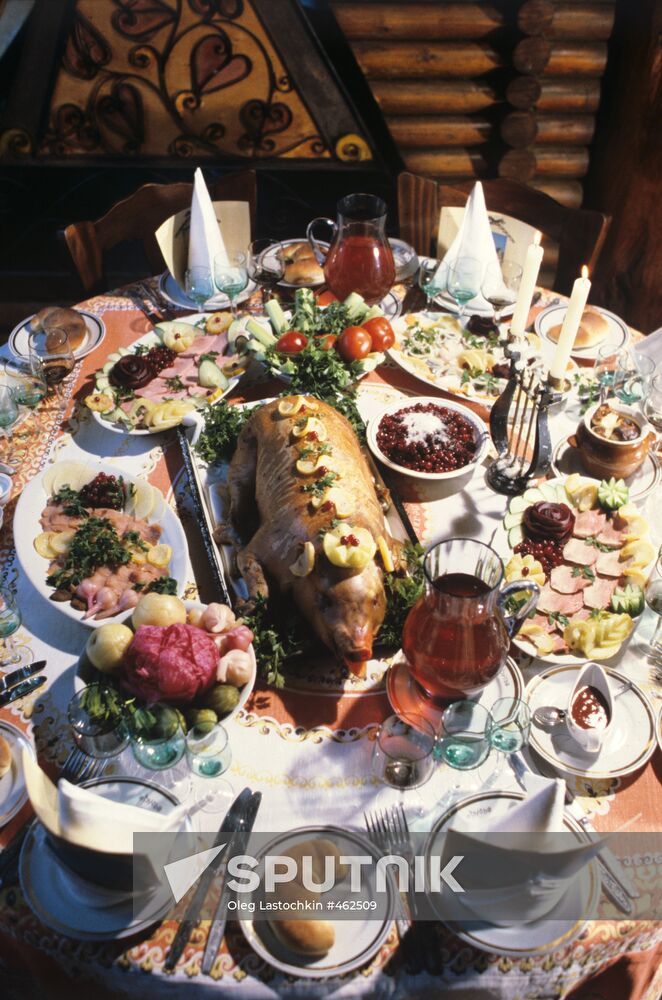 Table with Russian national dishes