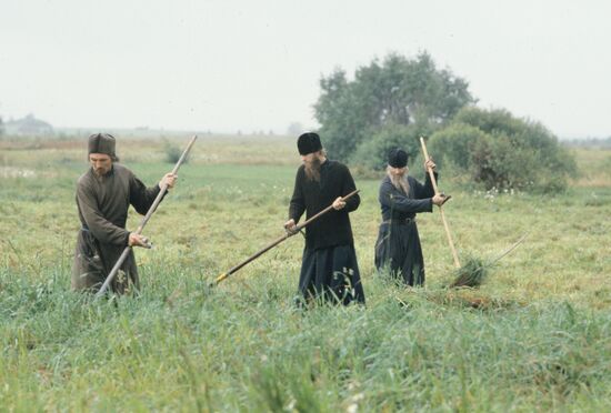 Monks at hay harvest