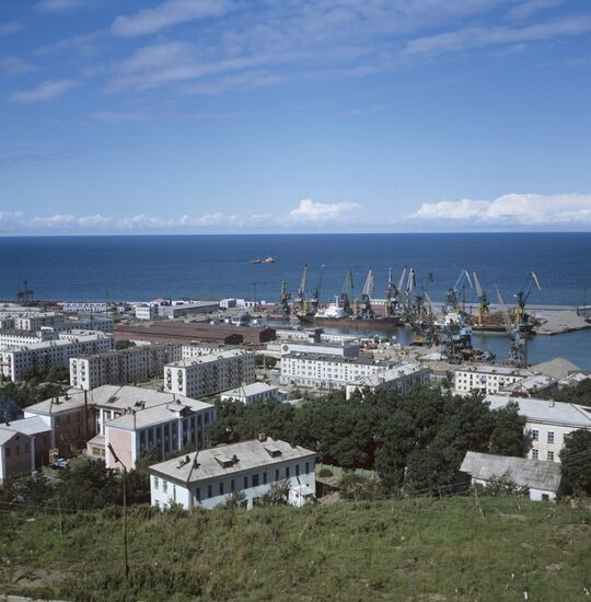 View of Kholmsk and cargo and passenger port