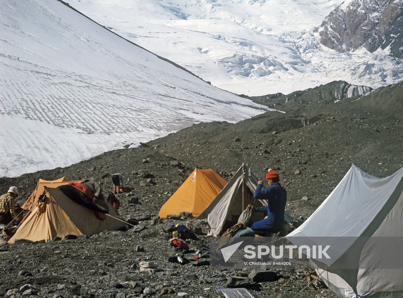 Mountain-climbers' camp beneath Lenin Peak