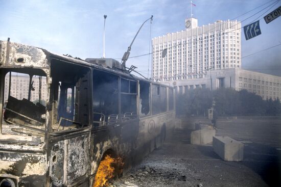 Burnt-out trolleybus near House of the Soviets