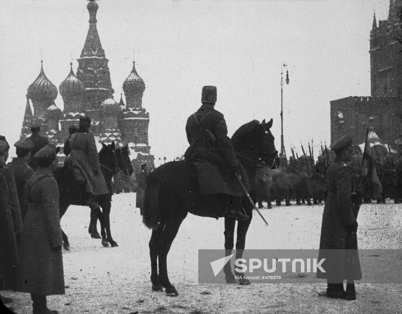 Revolutionary troops parade on Red Square