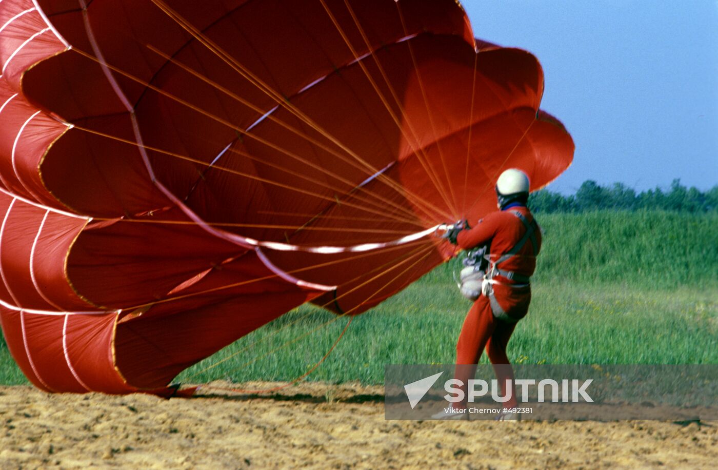 Parachutist after landing