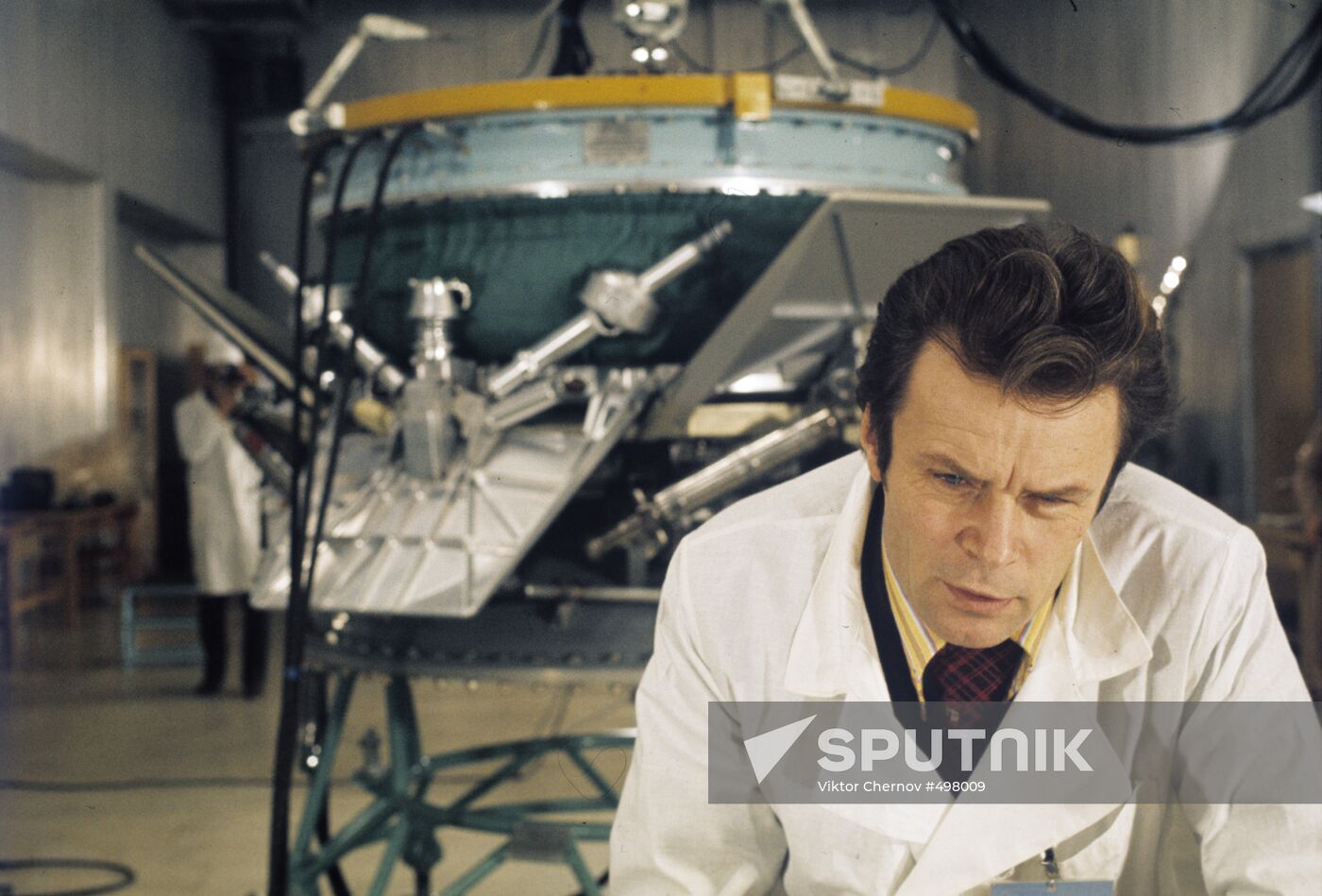 Vladimir Syromyatnikov, leader of Soviet team of scientists responsible for testing docking device models of Soyuz and Apollo space shuttles