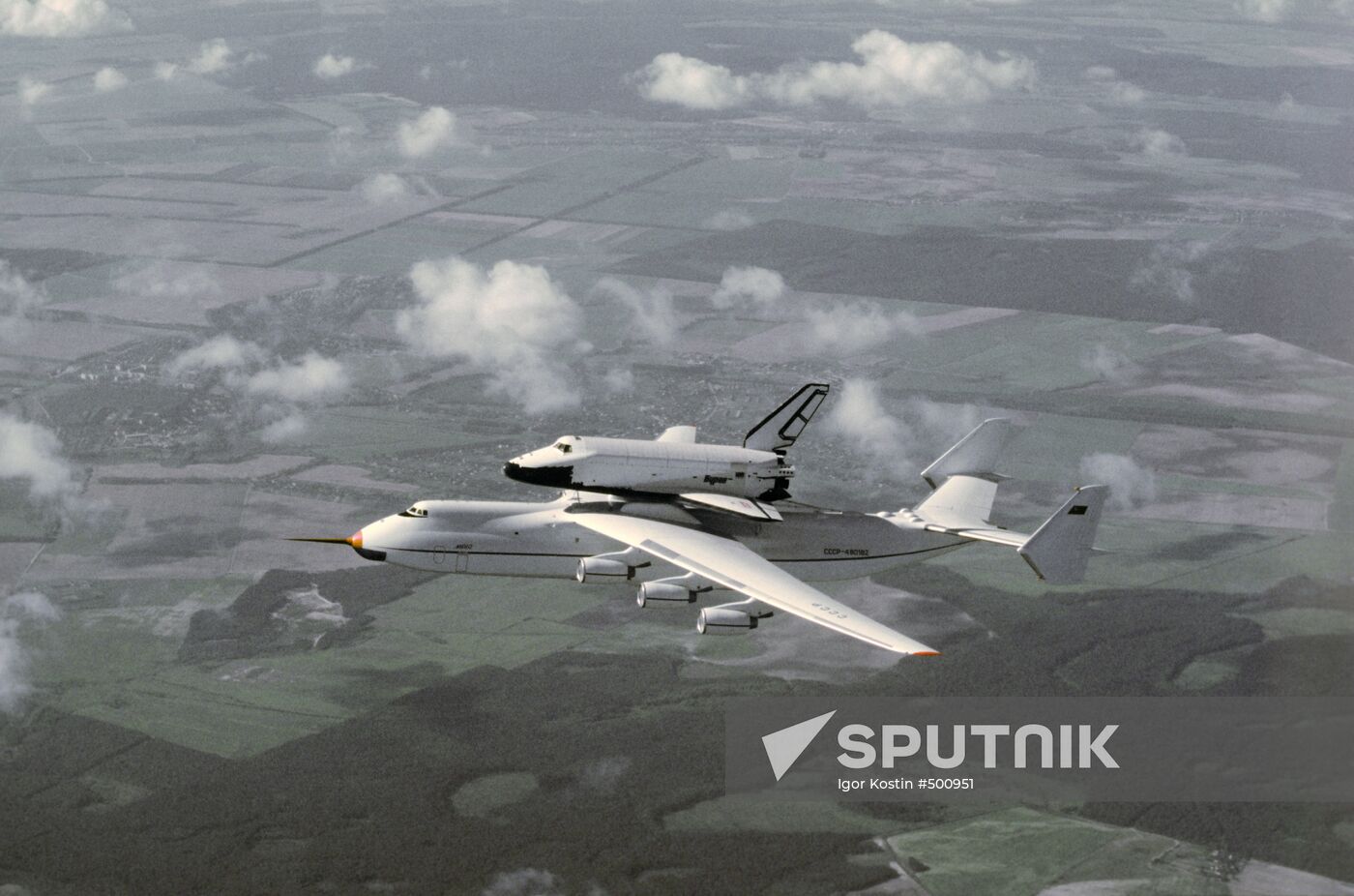 Antonov An-225 Mriya aircraft flies with Buran space shuttle