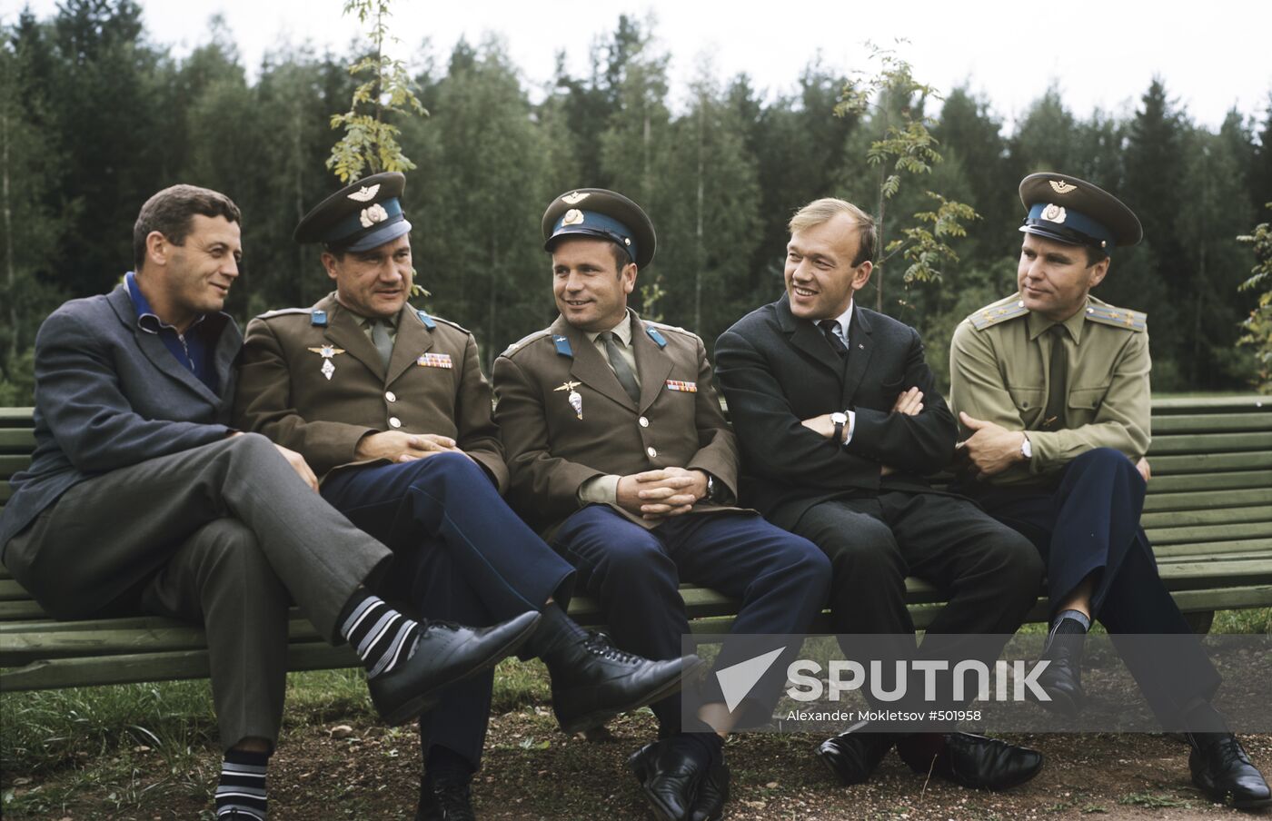 Soviet cosmonauts Vladislav Volkov, Anatoly Filipchenko, Viktor Gorbatko, Alexei Yeliseyev, and Vladimir Shatalov