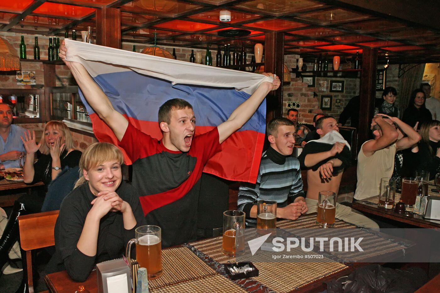 Soccer fans in one of Kaliningrad's bars