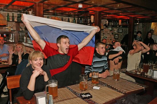 Soccer fans in one of Kaliningrad's bars