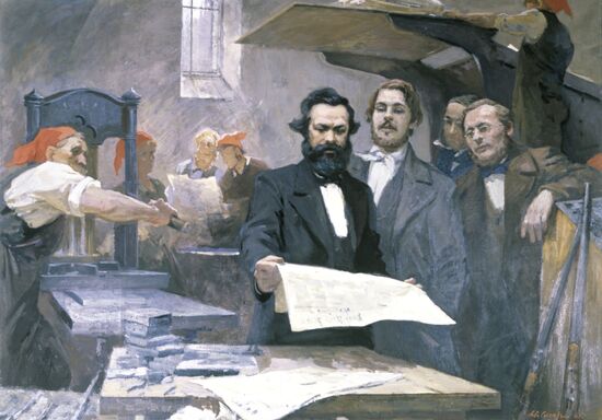 "K. Marx and F. Engels at the Print Shop of New Rhine Newspaper"