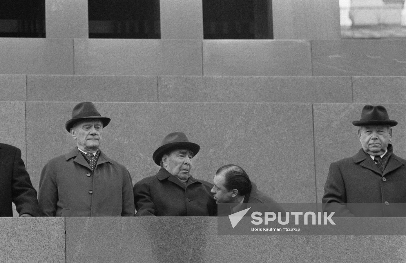 Soviet General Secretary Leonid Brezhnev on Mausoleum tribune