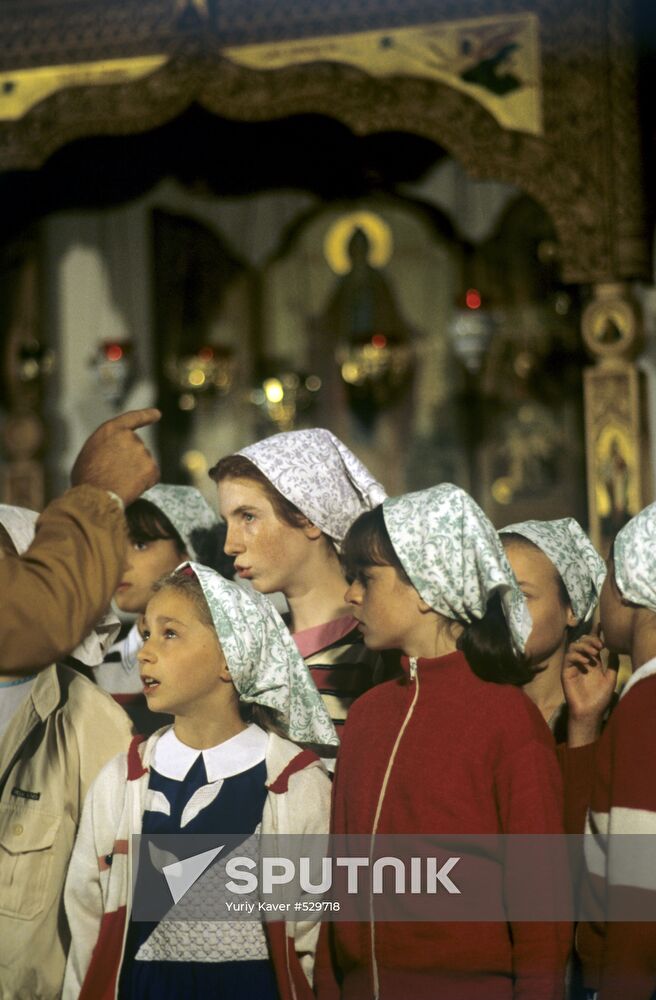 Choirgirls during liturgy in a church