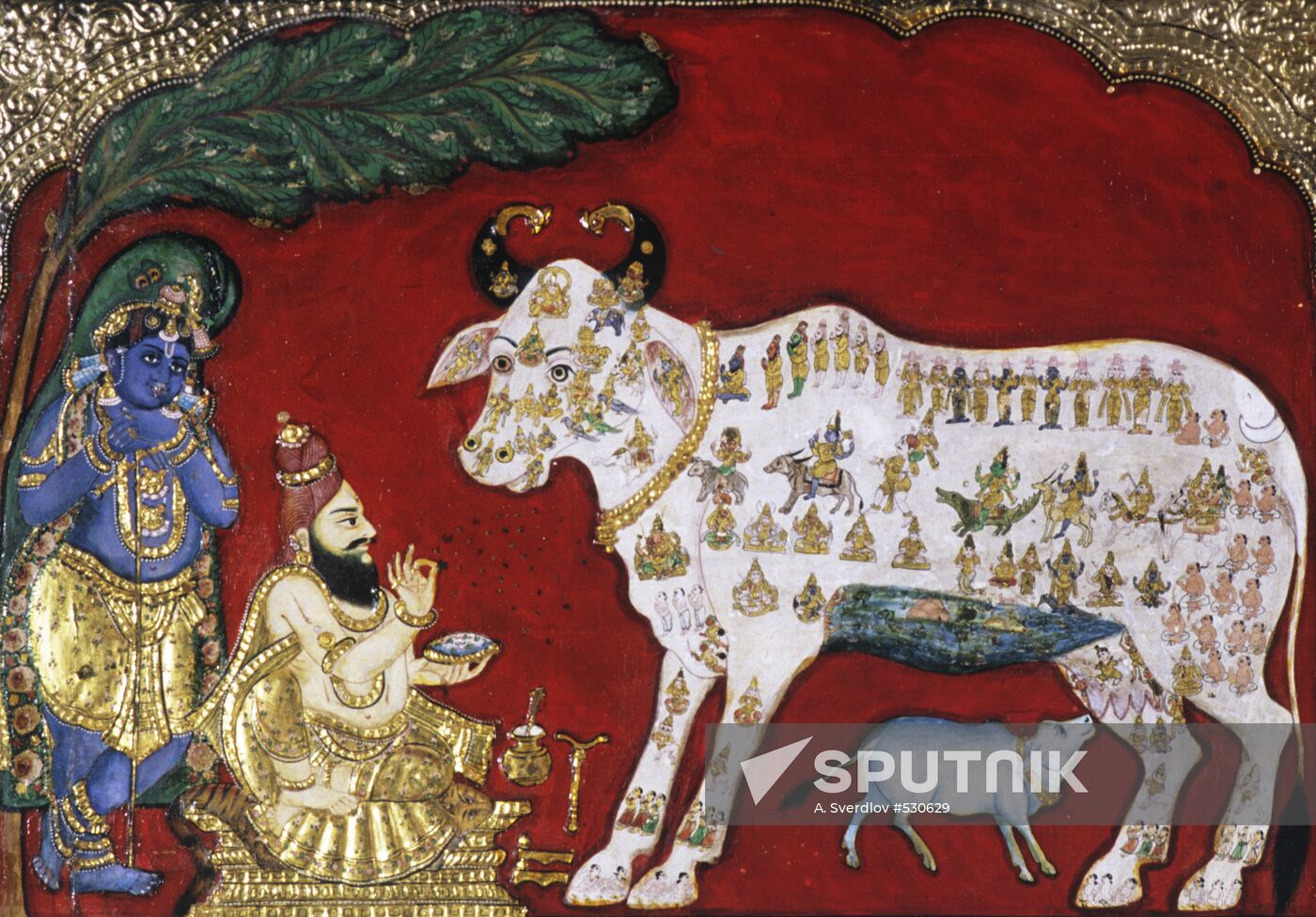"Balakrishna and Cow Kamadhenu" painting