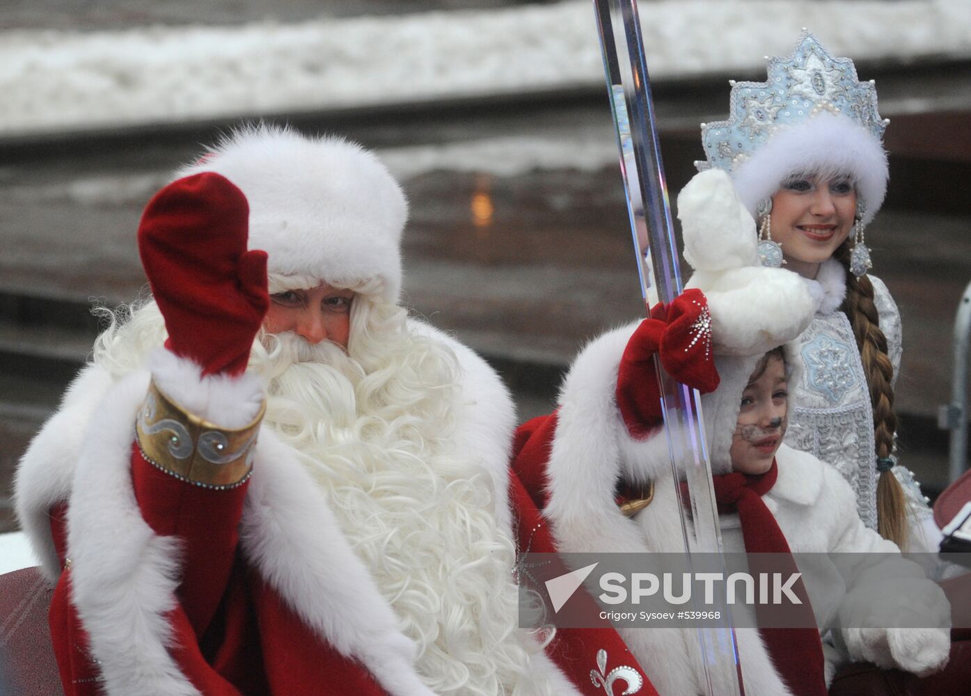 Russian Santa arrives from Veliky Ustyug in white cabriolet