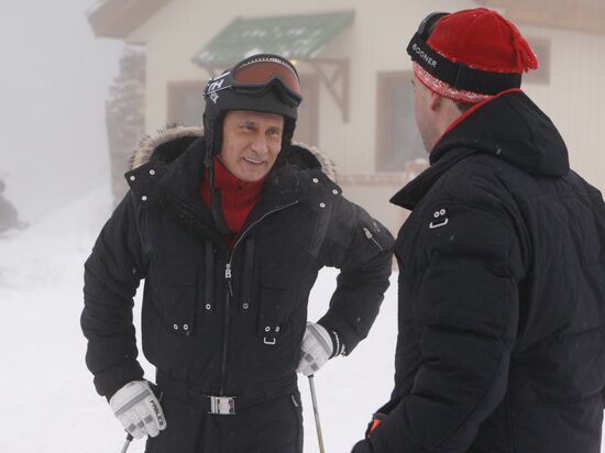 Dmitry Medvedev, Vladimir Putin at ski resort Krasnaya Polyana