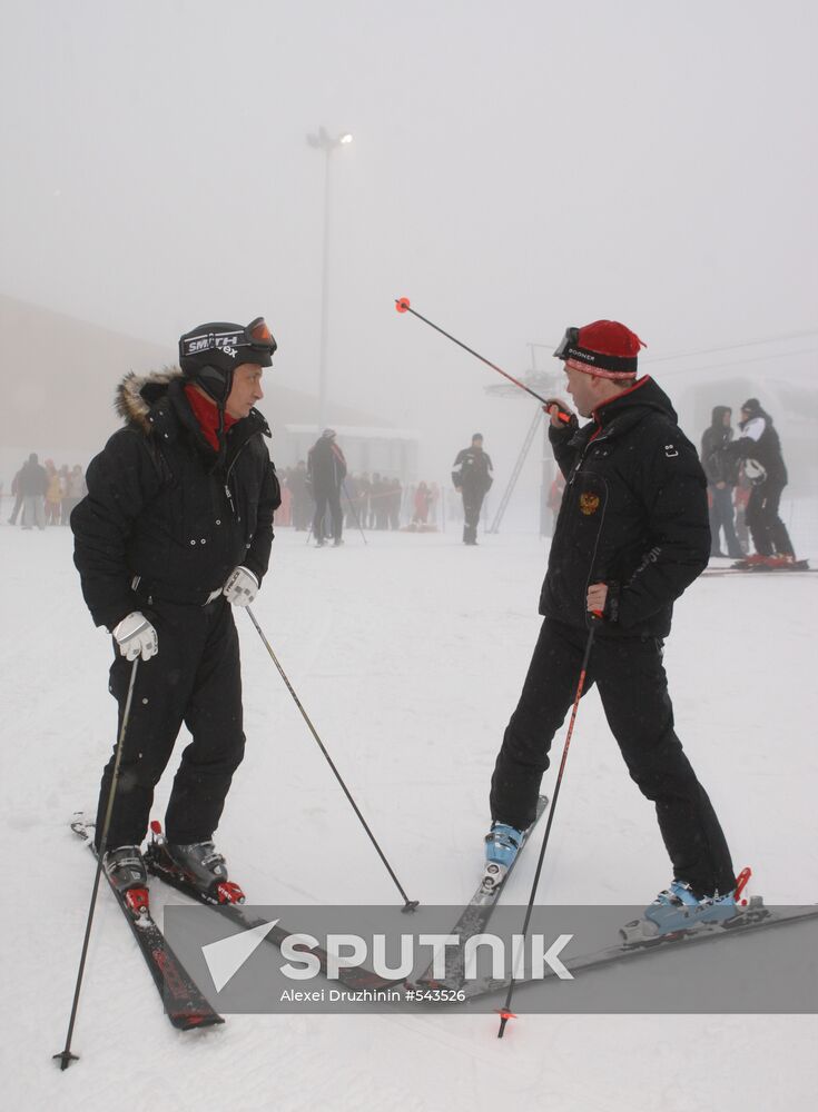 Dmitry Medvedev, Vladimir Putin at ski resort Krasnaya Polyana