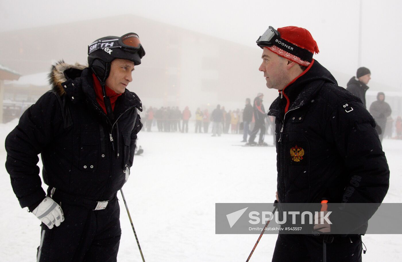 Dmitry Medvedev, Vladimir Putin at ski resort Krasnaya Polyana