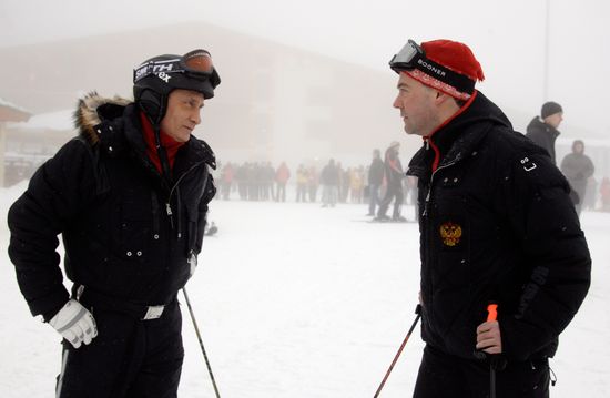 Dmitry Medvedev, Vladimir Putin at ski resort Krasnaya Polyana