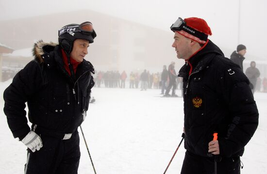 Dmitry Medvedev, Vladimir Putin at ski resort Krasnaya Polyana