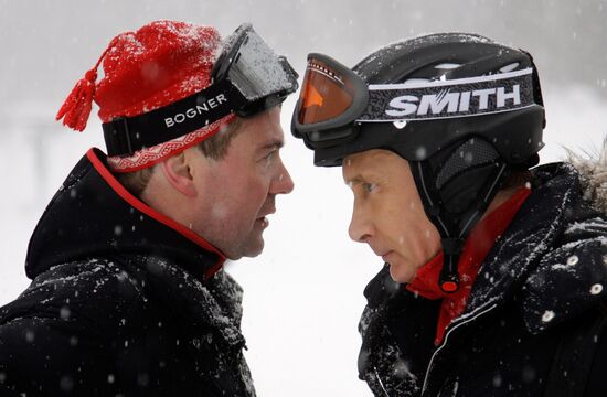 Dmitry Medvedev, Vladimir Putin at ski resort Krasnaya Polyana