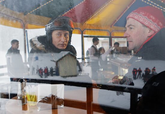 Dmitry Medvedev, Vladimir Putin at ski resort Krasnaya Polyana