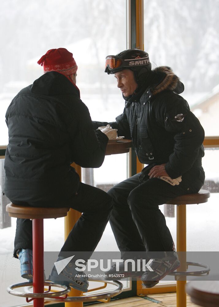 Dmitry Medvedev, Vladimir Putin at ski resort Krasnaya Polyana