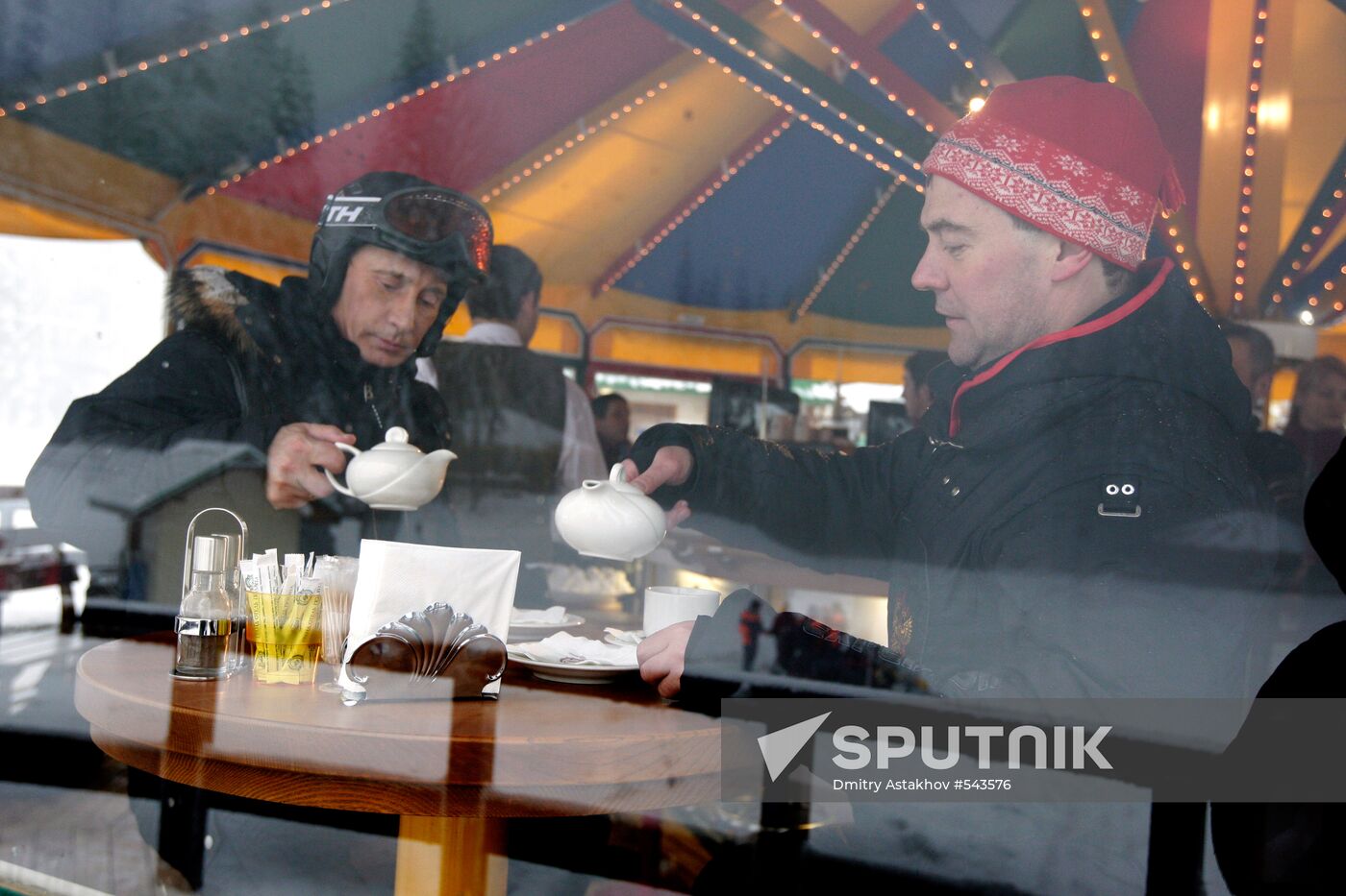 Dmitry Medvedev, Vladimir Putin at ski resort Krasnaya Polyana
