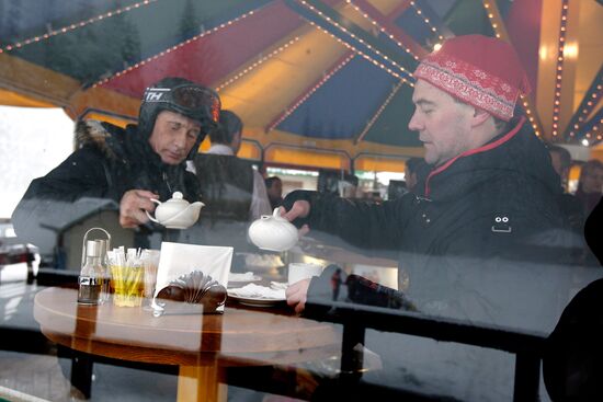 Dmitry Medvedev, Vladimir Putin at ski resort Krasnaya Polyana