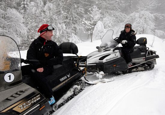 Dmitry Medvedev, Vladimir Putin at ski resort Krasnaya Polyana