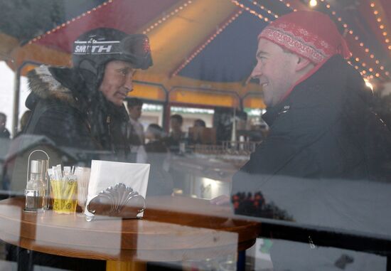 Dmitry Medvedev, Vladimir Putin at ski resort Krasnaya Polyana