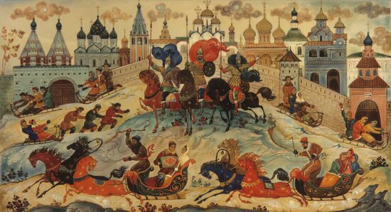 Lacquer miniature "Russian winter in Suzdal"