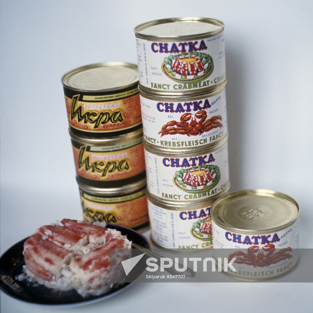 Cans of caviar and crab meat