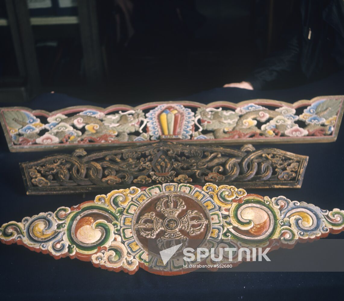 Samples of carving on wood, by Buryat craftsmen