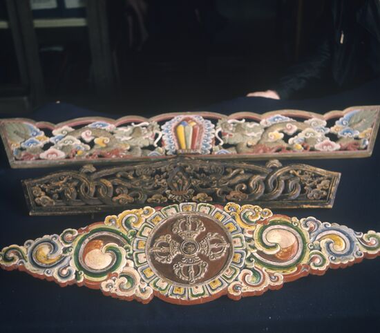 Samples of carving on wood, by Buryat craftsmen