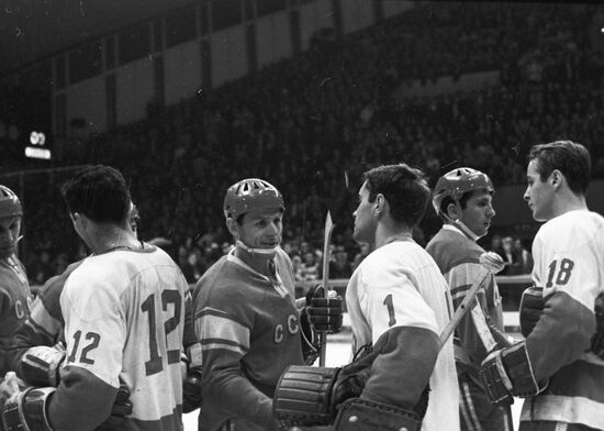 Members of Soviet national ice hockey team are Olympic champions