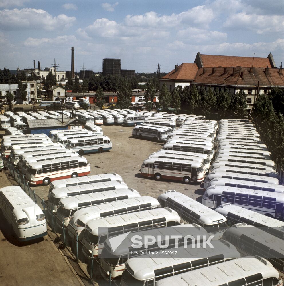 Buses parked at finished products area of Lviv Bus Plant